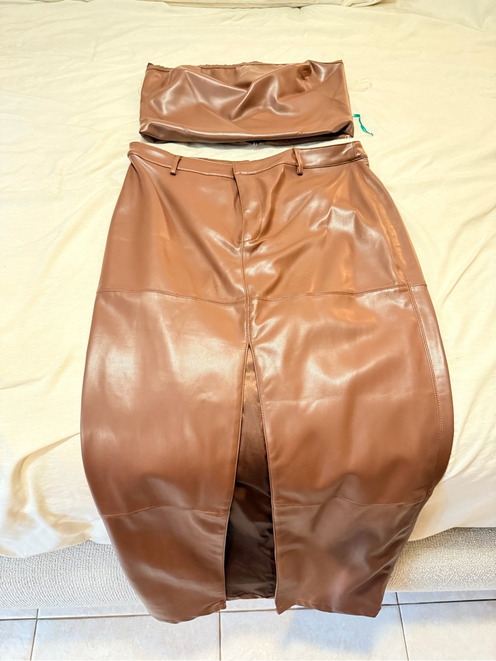Oh Polly Brown Faux Leather High-Waist Midi Skirt with Front Slit